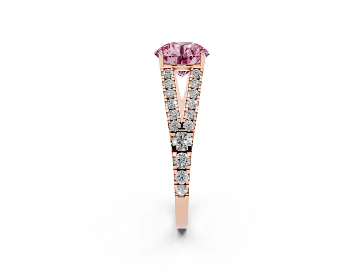 Fancy Pink Round Cut Diamond Split Shank Engagement Ring with Round Pavé and Prong Setting Rose gold
