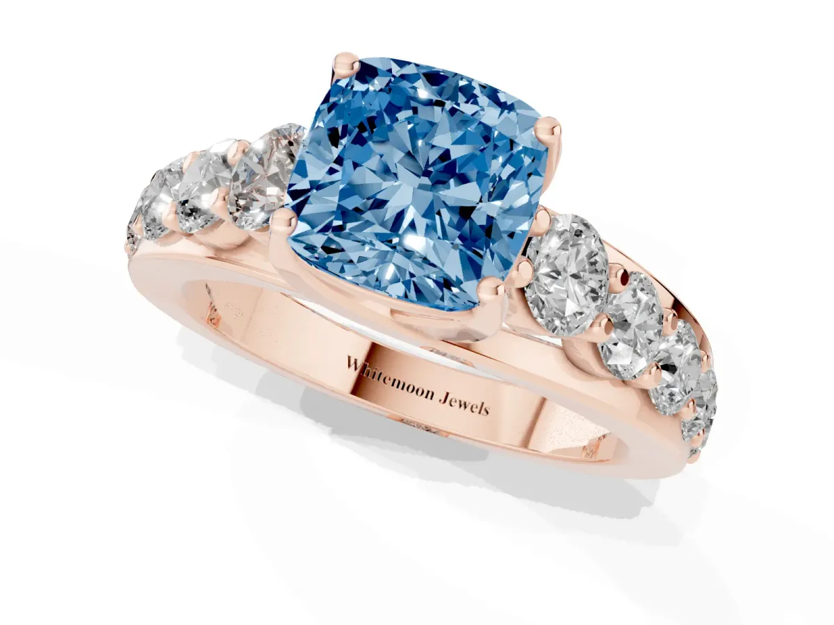 Fancy Blue Cushion Cut Diamond Engagement Ring with Pavé Band and Four-Prong Setting Rose gold