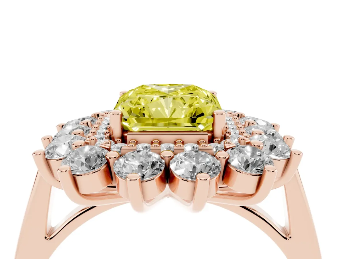Fancy Yellow Radiant Cut Diamond Floral Double Halo Engagement Ring with Prong Setting Rose gold