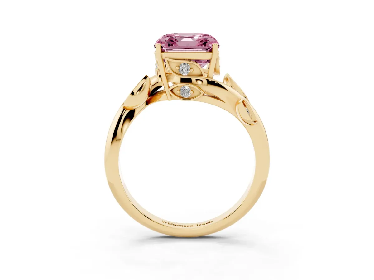 Fancy Pink Asscher Cut Solitaire Twist Engagement Ring with Leaf Accents and Prong Setting Yellow gold