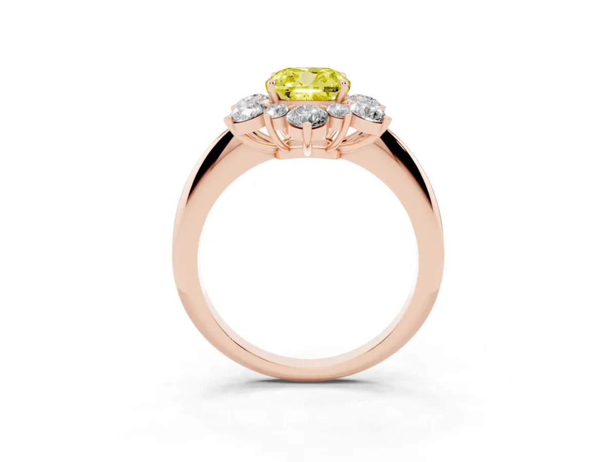 Fancy Yellow Cushion Cut Diamond Cluster Halo Ring with Solitaire Band and Four-Prong Setting Rose gold