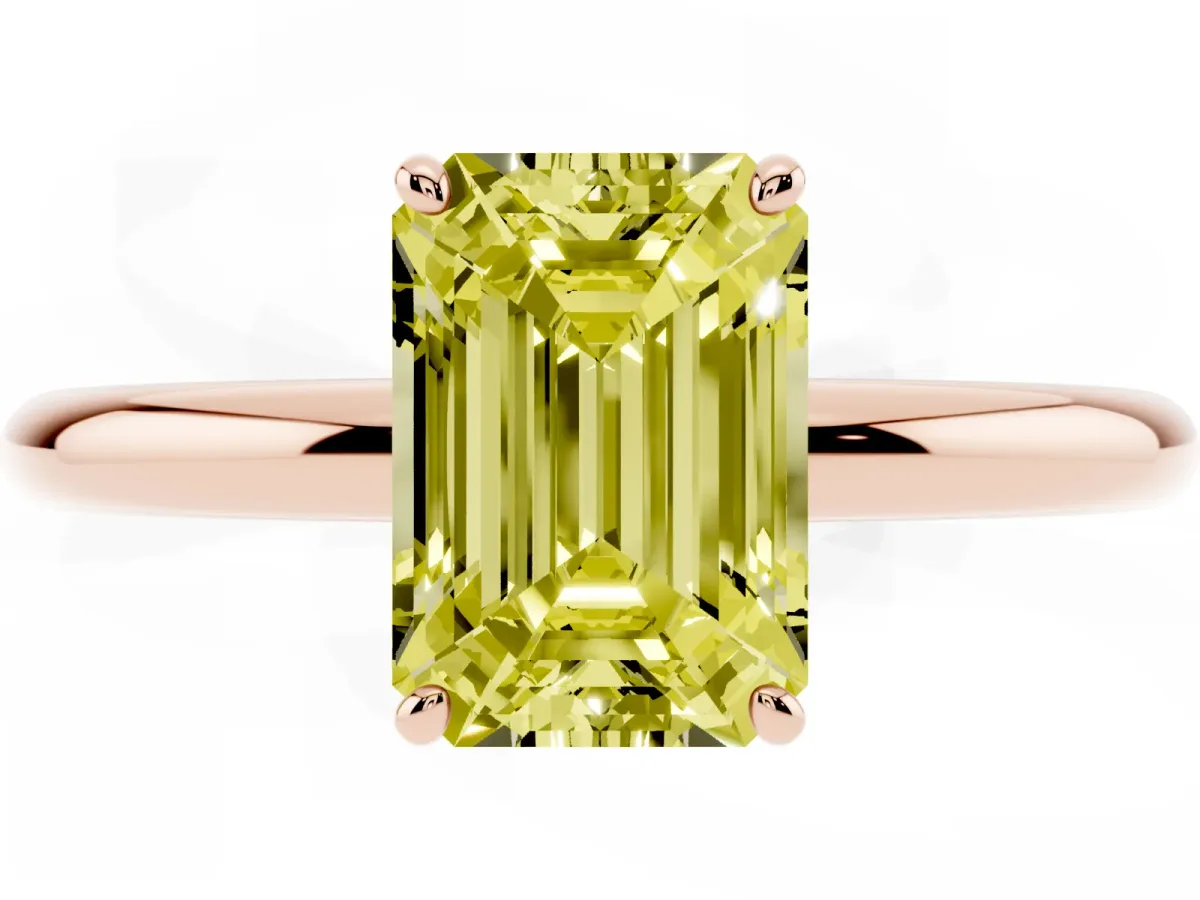 Fancy Yellow Emerald Cut Solitaire Diamond Ring with Four-Prong Setting on a Plain Band Rose gold