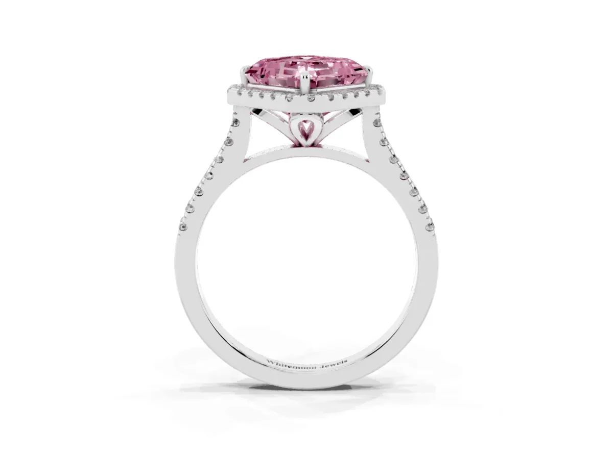 Fancy Pink Asscher Cut Diamond Cushion Halo Ring with Pavé Band Platinum
