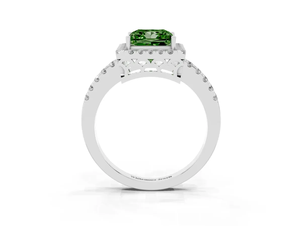 Fancy Green Princess Cut Halo Diamond Engagement Ring with Pavé Band and Four-Prong Setting Platinum