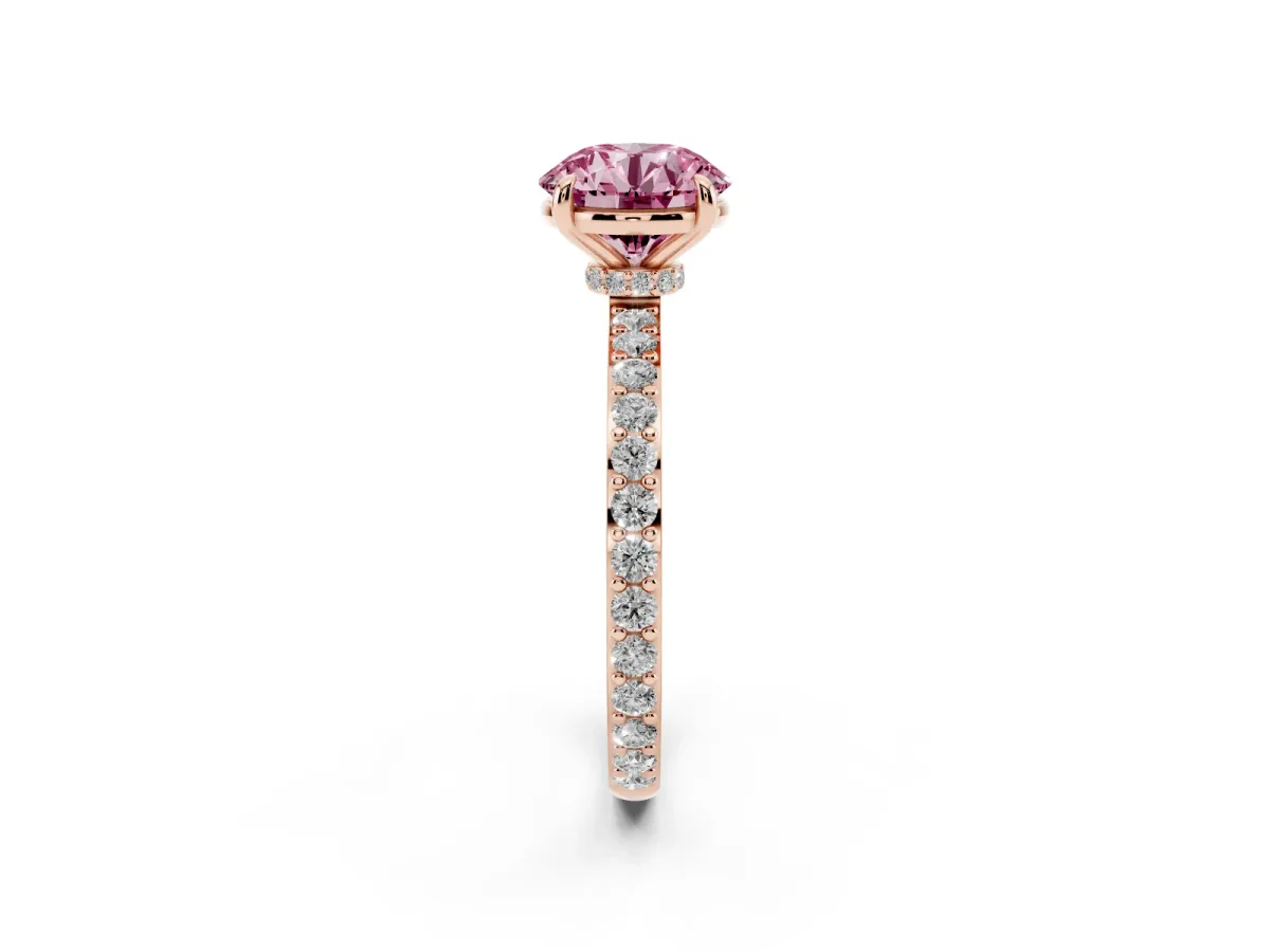 Fancy Pink Round Cut Diamond Pavé Engagement Ring with Round Accents and Prong Setting Rose gold