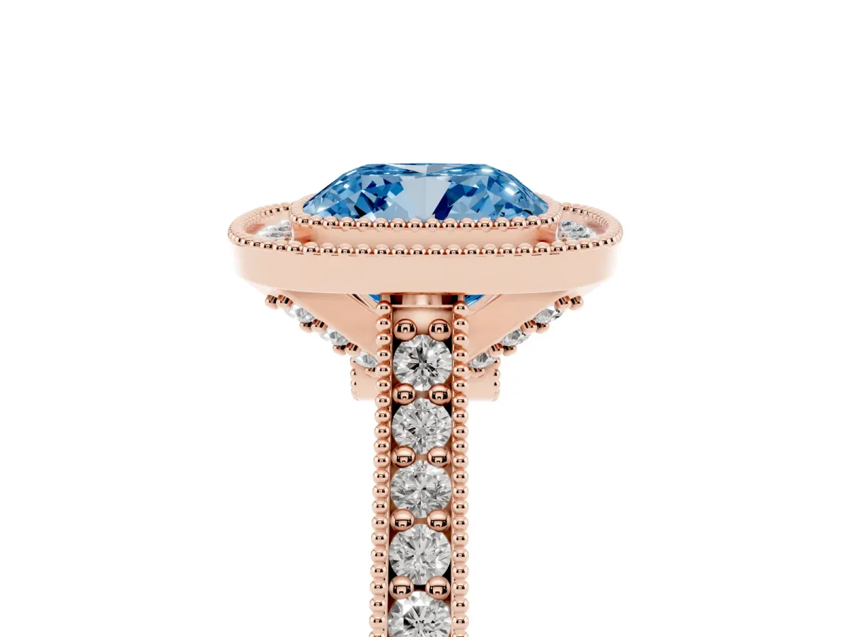 Fancy Blue Halo Cushion Cut-Cut Diamond Pave Band Milgrain Prong Setting Ring Rose gold