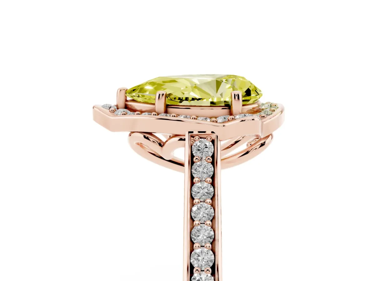 Fancy Yellow Pear Cut Halo Round Diamond Pave Band with Four-Prong Setting Rose gold