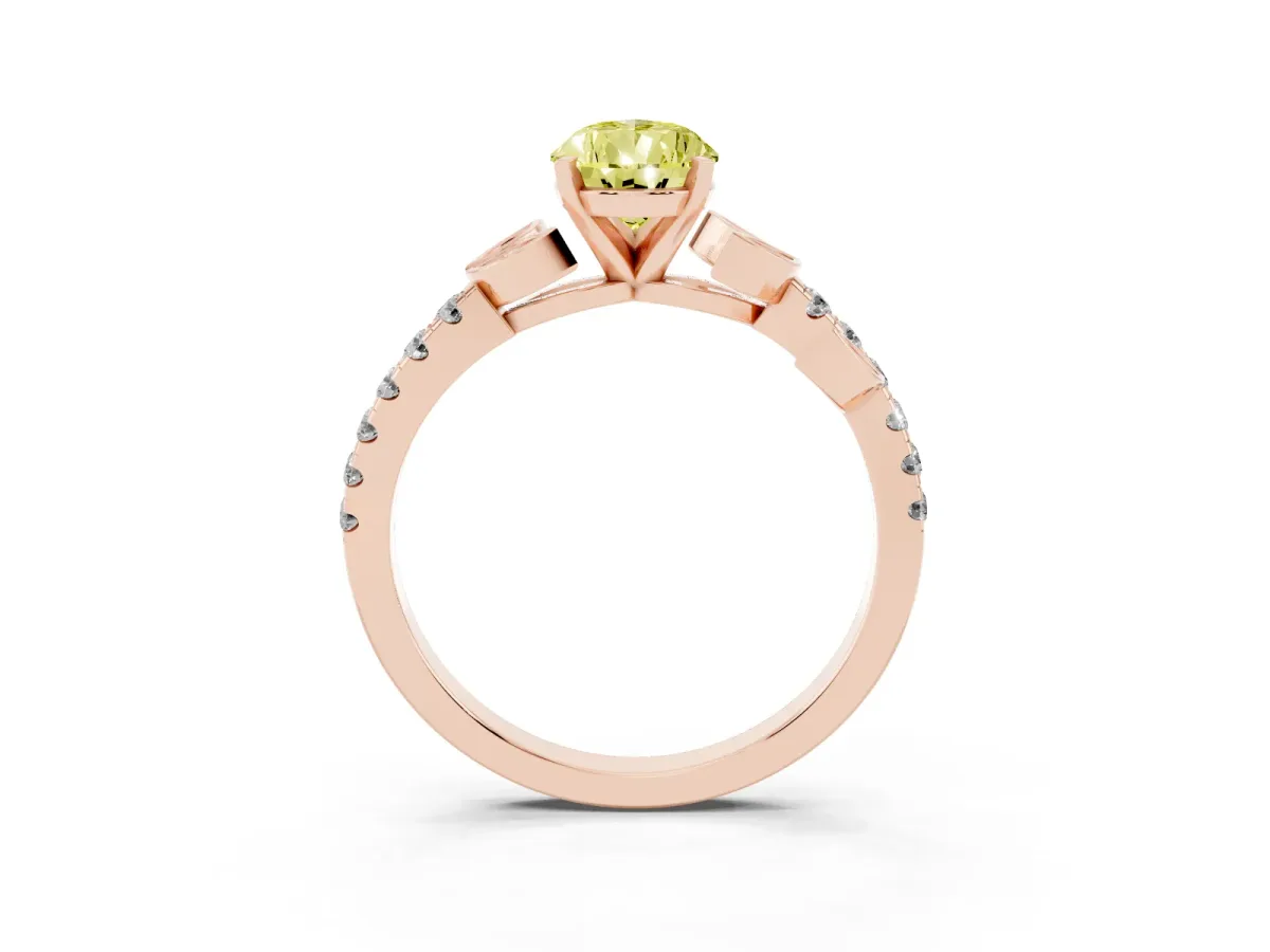 Fancy Yellow Pear Cut Solitaire Leaf-Inspired Diamond Ring with Pavé Band and Four-Prong Setting Rose gold