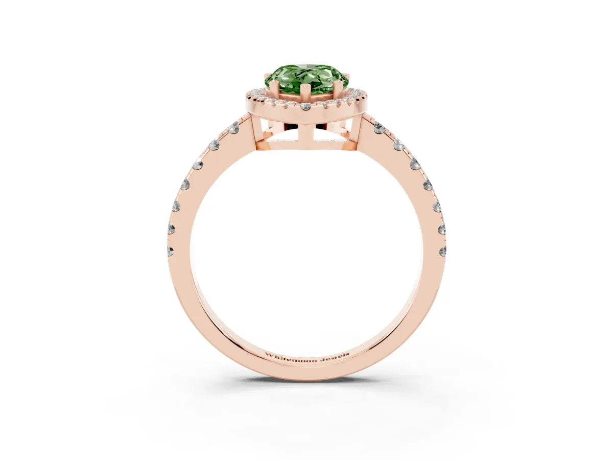 Fancy Green Pear Cut Diamond Halo Ring with Pavé Band and Four-Prong Setting Rose gold