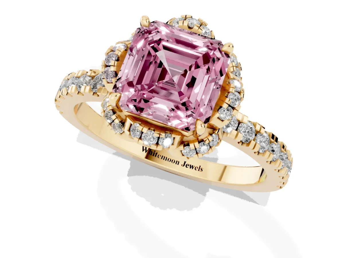 Fancy Pink Asscher Cut Halo Diamond Pave Band Ring with Four-Prong Setting Yellow gold