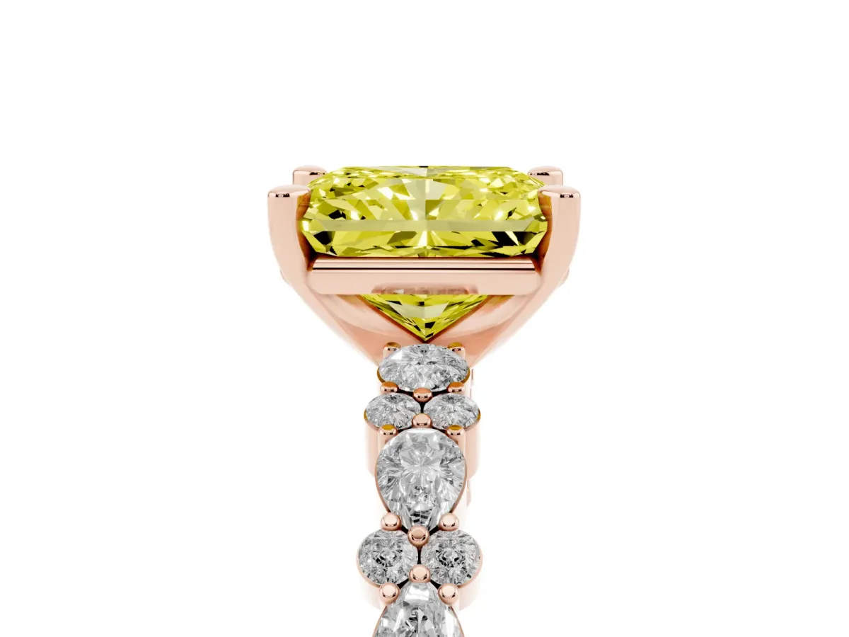 Fancy Yellow Radiant Cut Diamond Side Stone Solitaire Ring with Round and Four-Prong Setting Rose gold