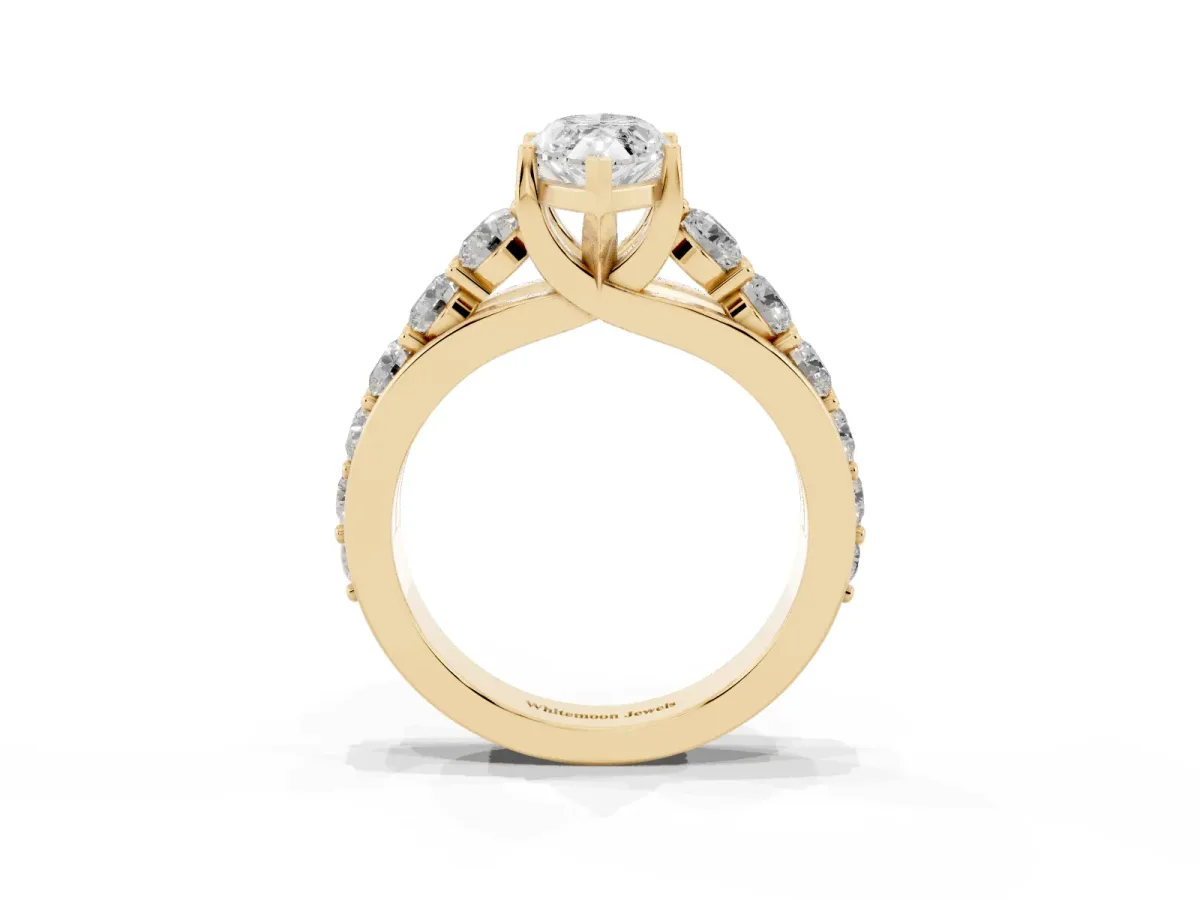Marquise Cut Diamond Engagement Ring with Pavé Band and Four-Prong Setting Yellow gold