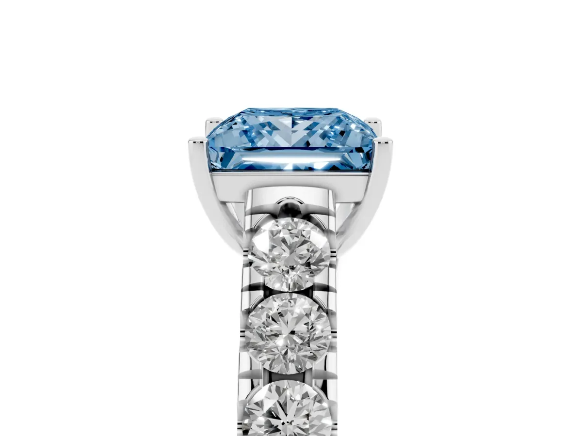 Fancy Blue Princess Cut Cut Diamond Solitaire Ring with Micro Pave Band and Prong Setting Silver