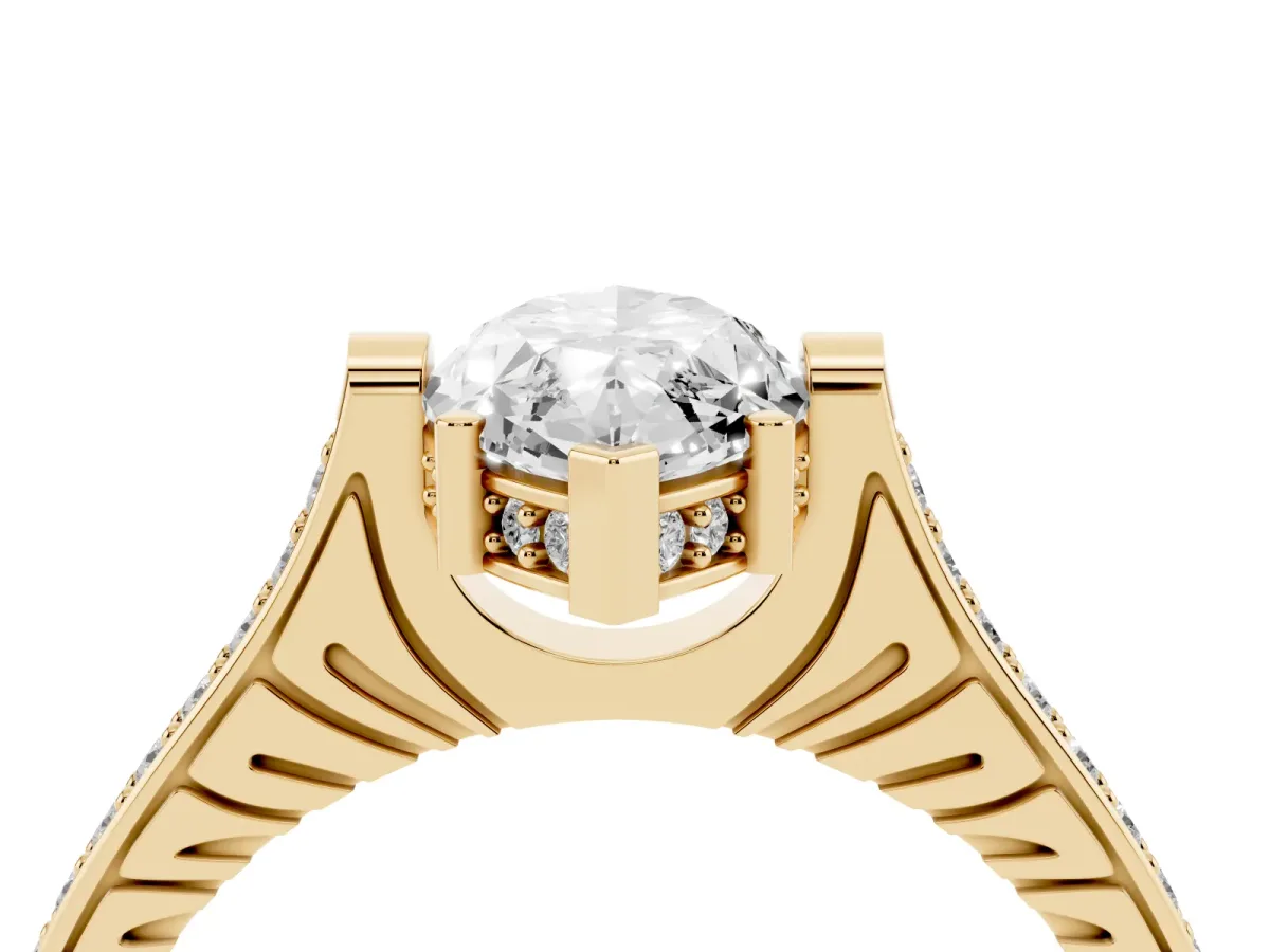 Marquise Cut Solitaire Diamond Ring with Channel Set Band and Bezel Prong Setting Yellow gold
