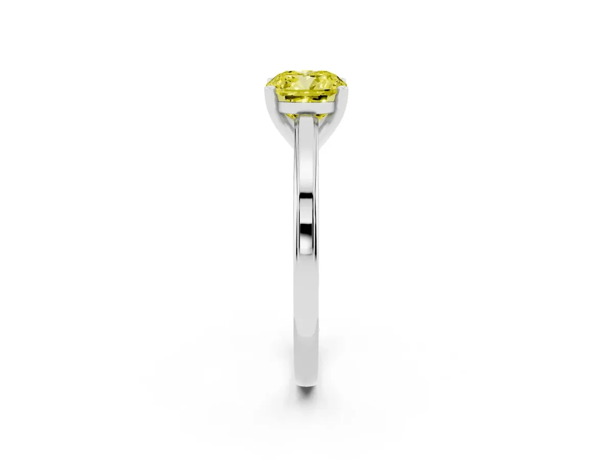 Fancy Yellow Cushion Cut Solitaire Diamond Ring with Four-Prong Setting and Classic Band Silver