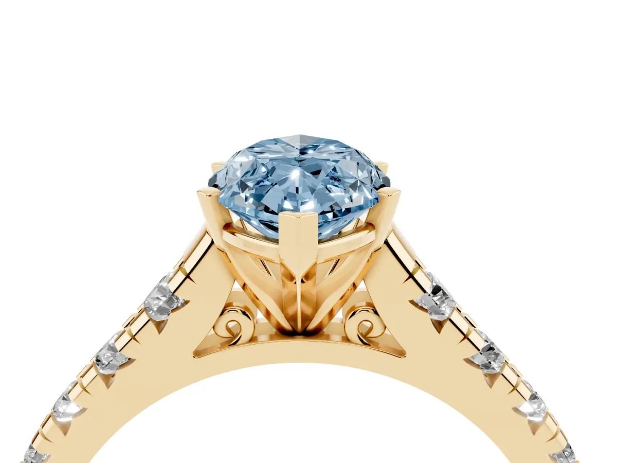 Fancy Blue Marquise Cut Diamond Cathedral Solitaire Ring with Round Pavé Band Yellow gold