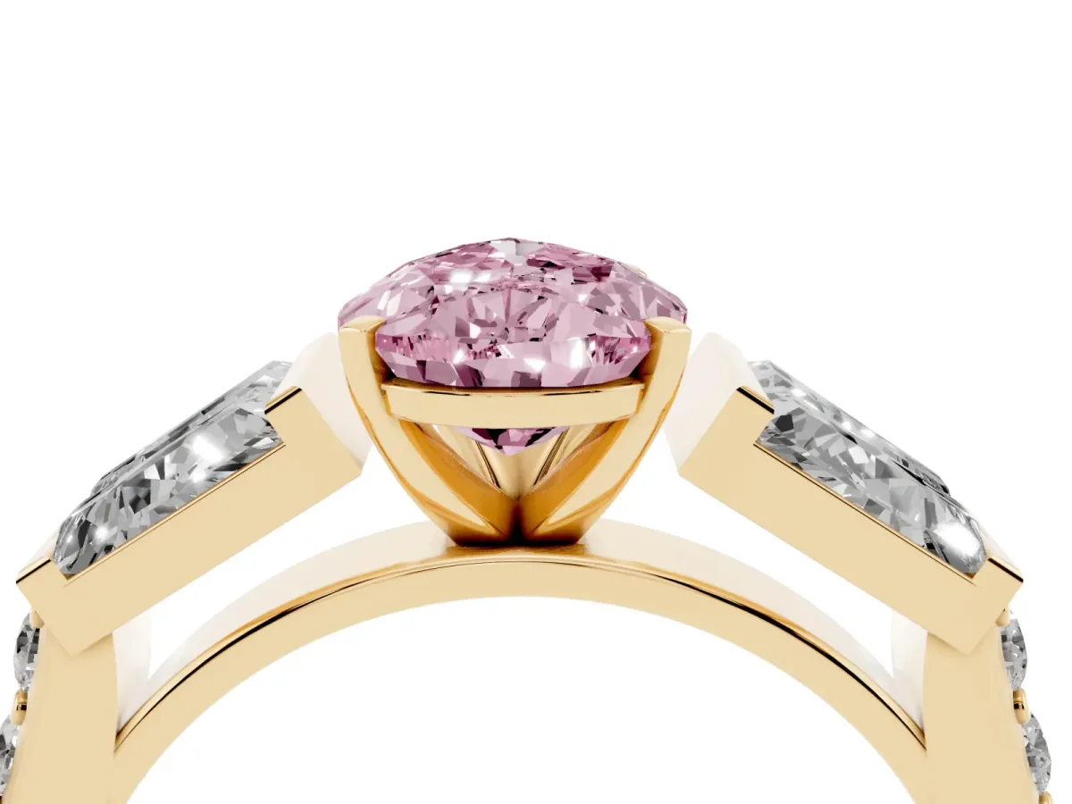 Fancy Pink Pear Cut Diamond Engagement Ring with Baguette Side Stones and Channel Set Band Yellow gold