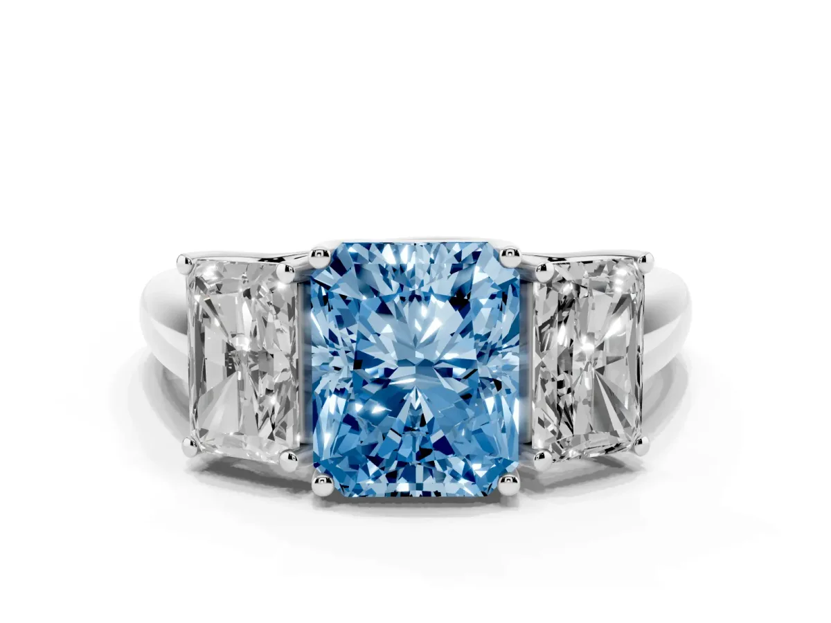 Fancy Blue Three-Stone Radiant Cut Diamond Engagement Ring with Prong Setting White gold