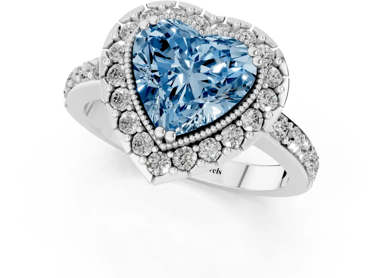 Fancy Blue Heart Cut Diamond Halo Ring with Pavé Band and Prong Setting White gold