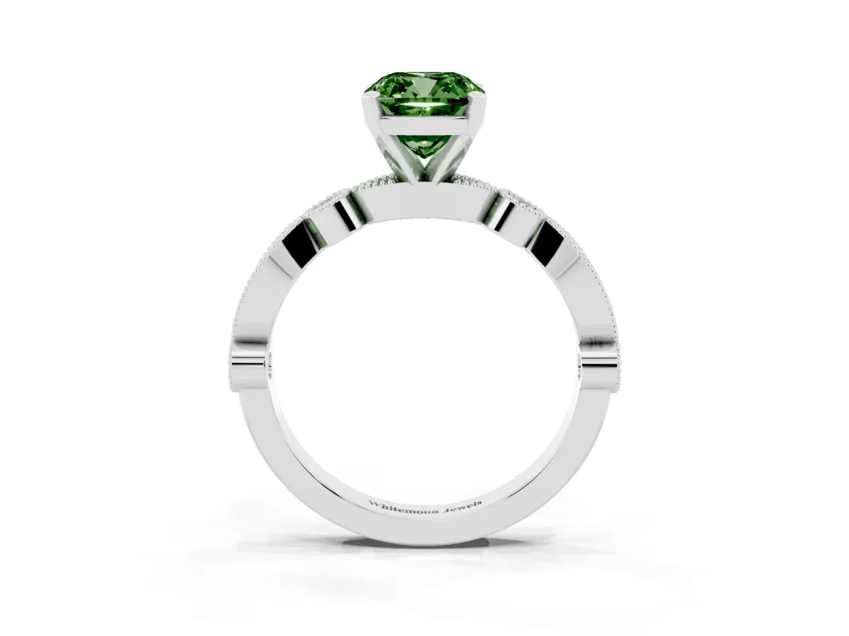 Fancy Green Cushion Cut Milgrain Bezel Diamond Engagement Ring with Solitaire Prong Setting Silver
