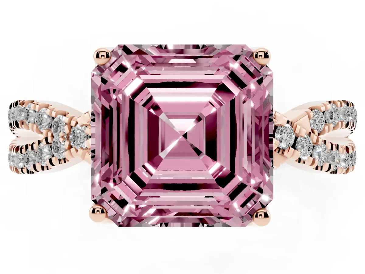 Fancy Pink Asscher Cut Solitaire Twist Pave Diamond Engagement Ring with Prong Setting Rose gold