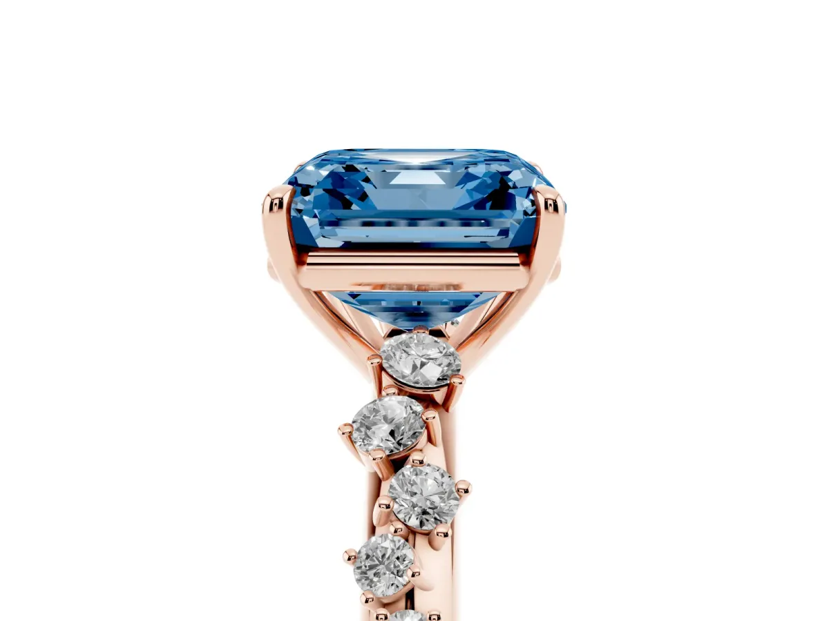 Fancy Blue Asscher Cut Diamond Cluster Side Stone Solitaire Ring with Prong Setting Rose gold