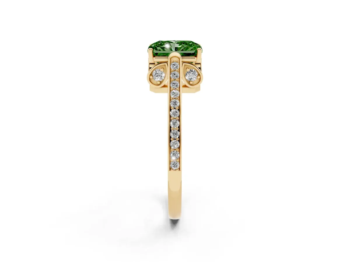 Fancy Green Radiant Cut Cut Cathedral Pave Diamond Engagement Ring with Six-Prong Setting Yellow gold