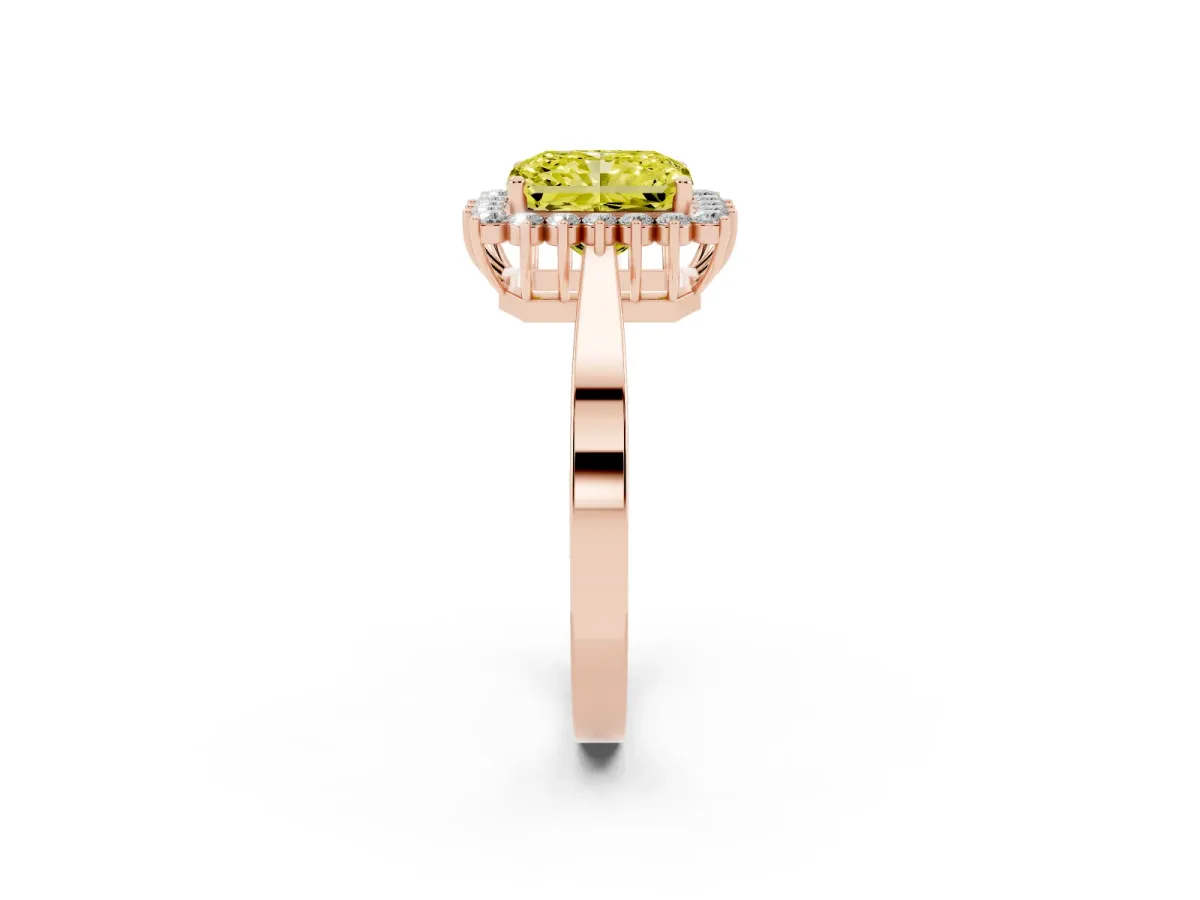 Fancy Yellow Radiant Cut Cut Diamond Halo Ring with Round Brilliant Halo and Solitaire Band Rose gold