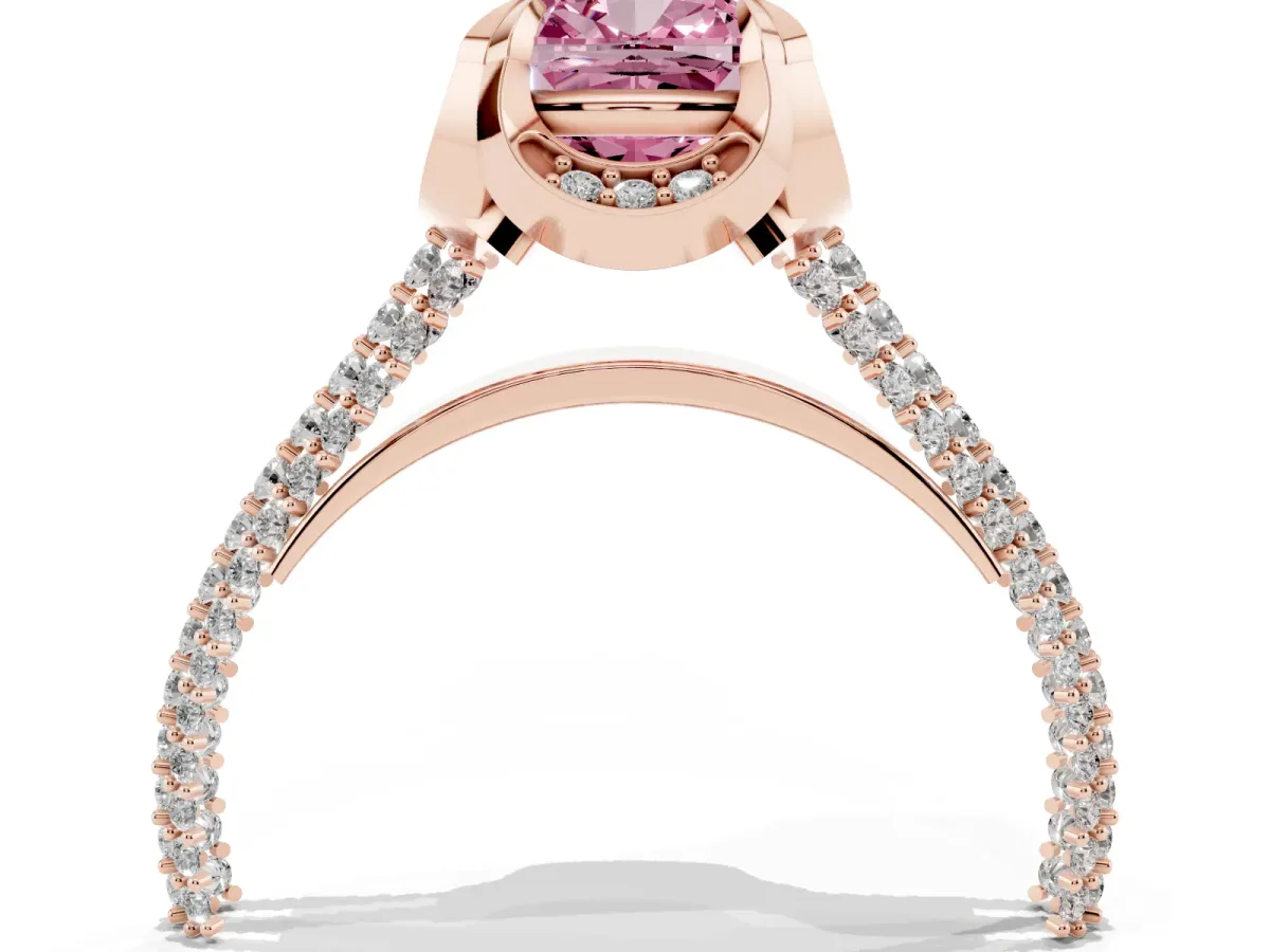 Fancy Pink Cushion Cut Solitaire Pave Split Shank Ring with Four-Prong Setting Rose gold