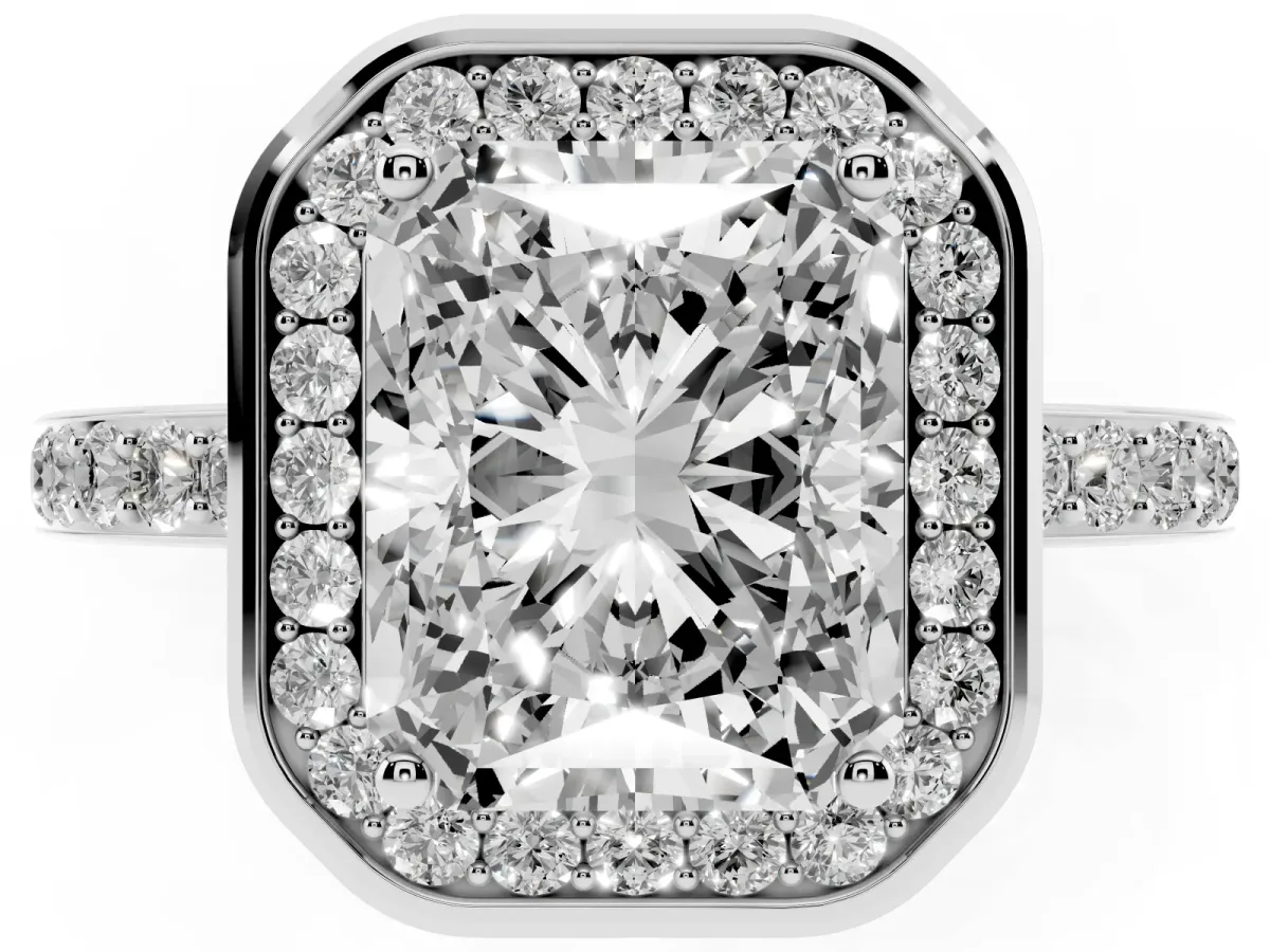Radiant Cut Diamond Halo Ring with Bezel Frame and Pavé Band Silver