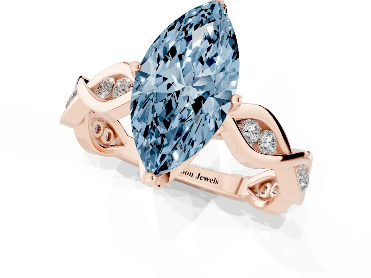 Fancy Blue Marquise Cut Solitaire Twist Band with Leaf Prong Setting Rose gold