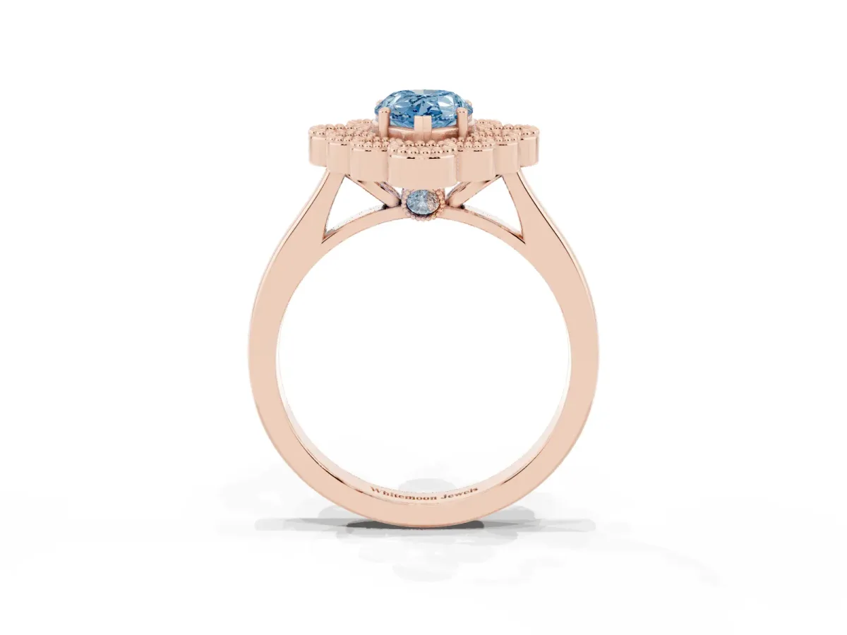 Fancy Blue Pear Cut Halo Diamond Cluster Engagement Ring with Milgrain Bezel Setting and Solitaire Band Rose gold