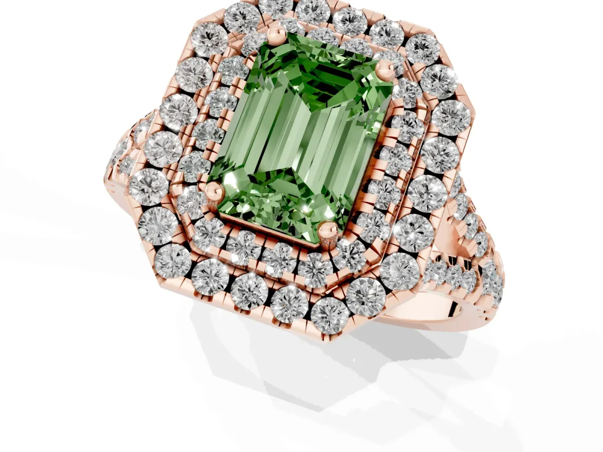 Fancy Green Double Halo Emerald Cut Diamond Pavé Split Shank Ring with Prong Setting Rose gold