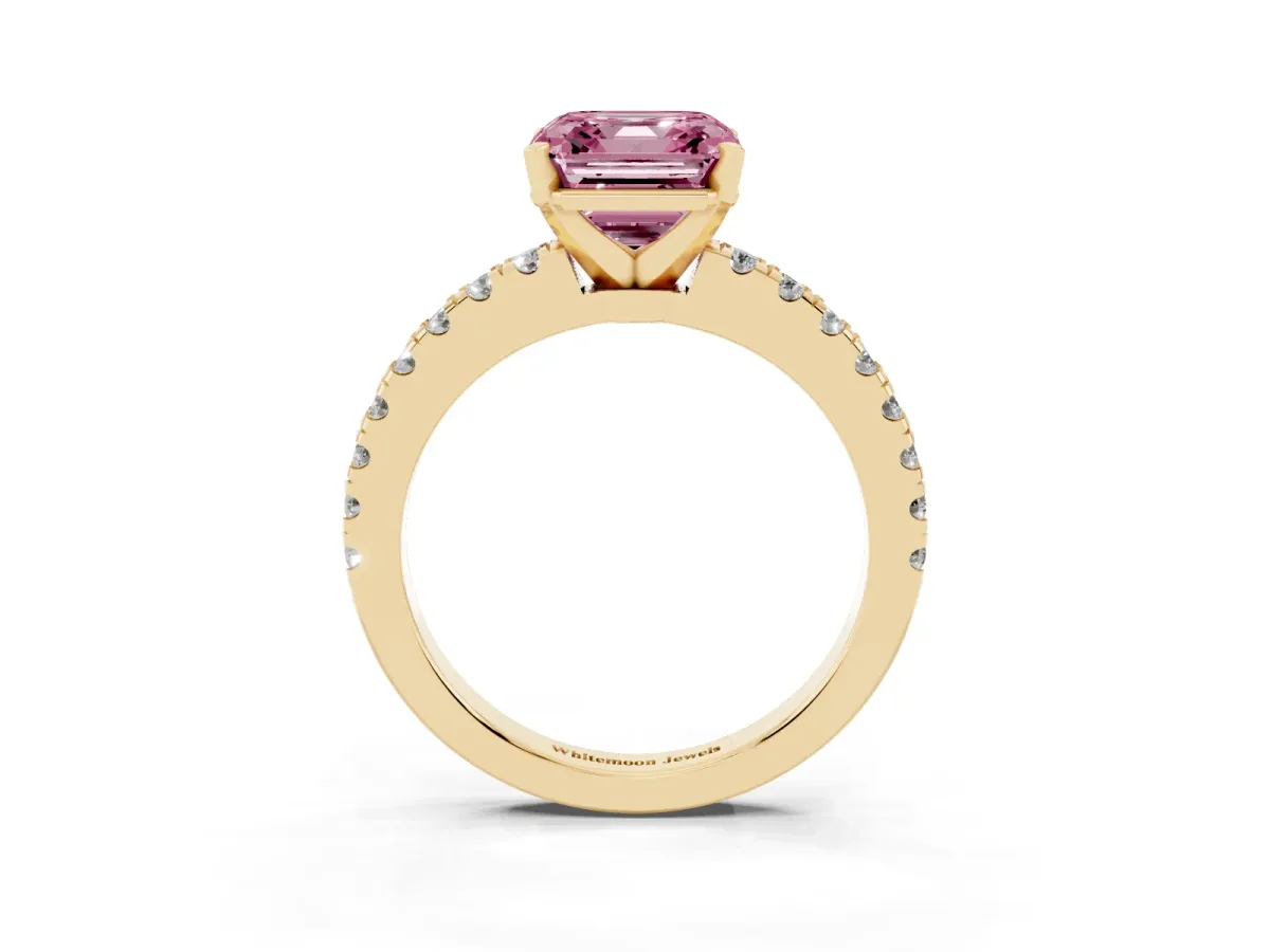 Fancy Pink Asscher Cut Solitaire Diamond with Pavé Band and Four-Prong Setting Yellow gold