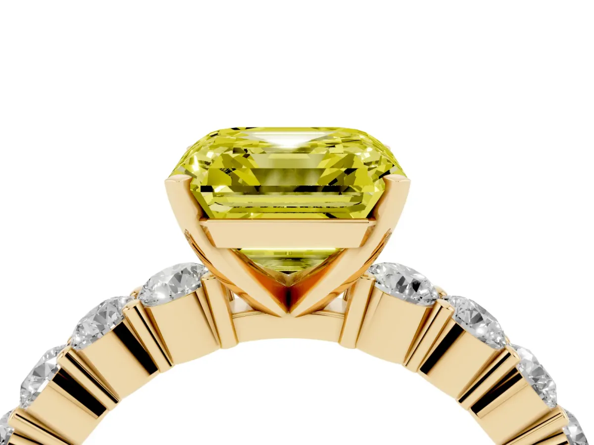 Fancy Yellow Asscher Cut Diamond Solitaire Ring with Shared Prong Round Side Stones Yellow gold