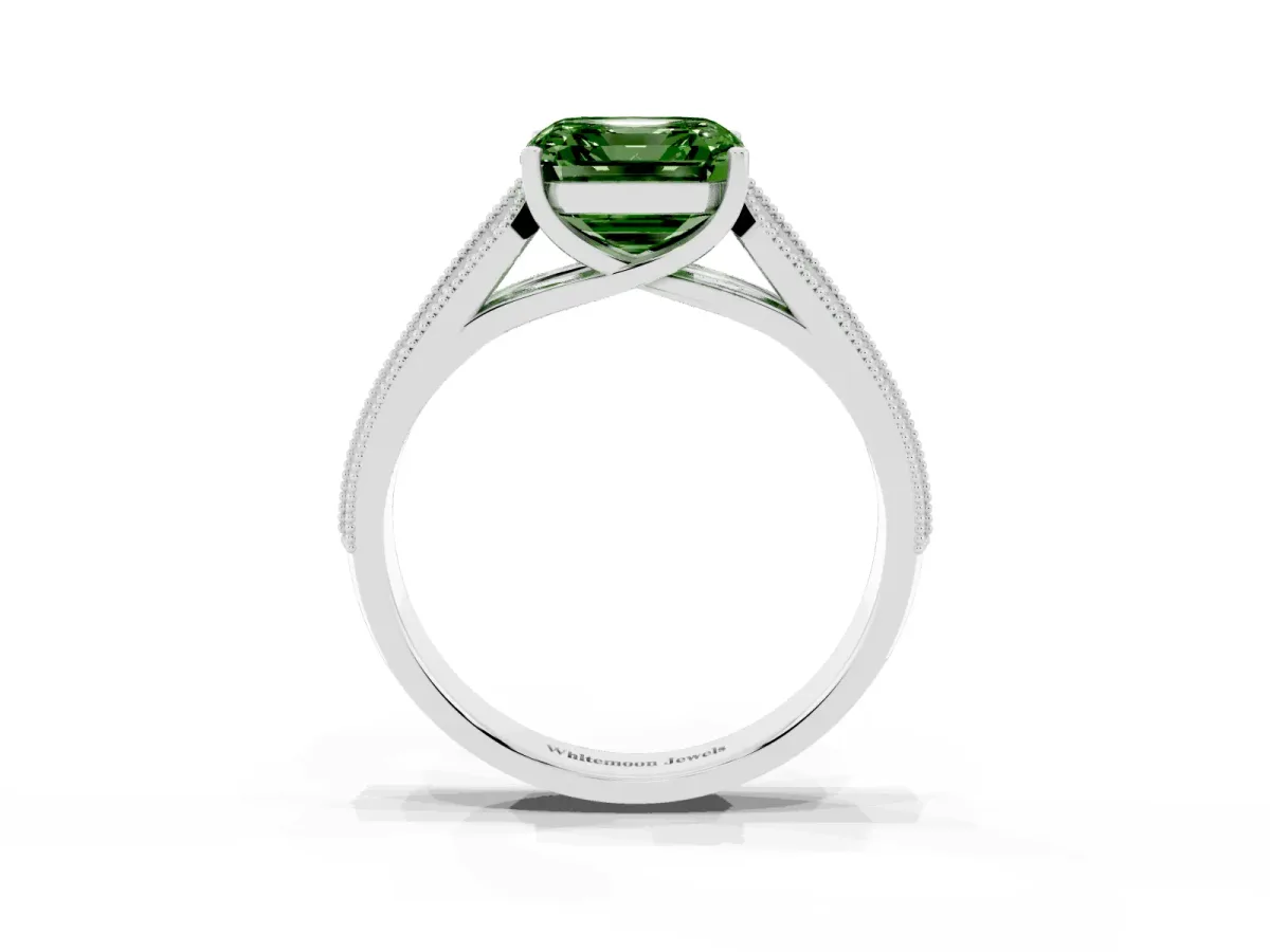 Fancy Green Asscher Cut Cut Pave Split Shank Engagement Ring with Four-Prong Setting Silver
