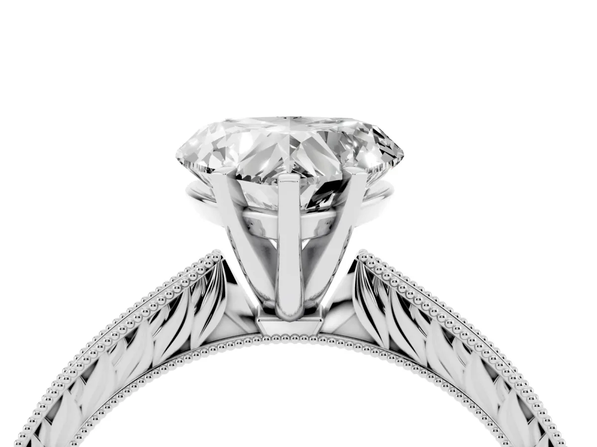 Heart Cut Solitaire Milgrain Engraved Band with Four-Prong Setting Silver