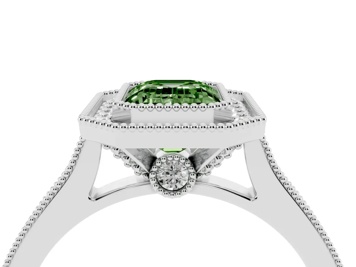 Fancy Green Halo Emerald Cut-Cut Diamond Pave Band Milgrain Prong Setting Ring Silver