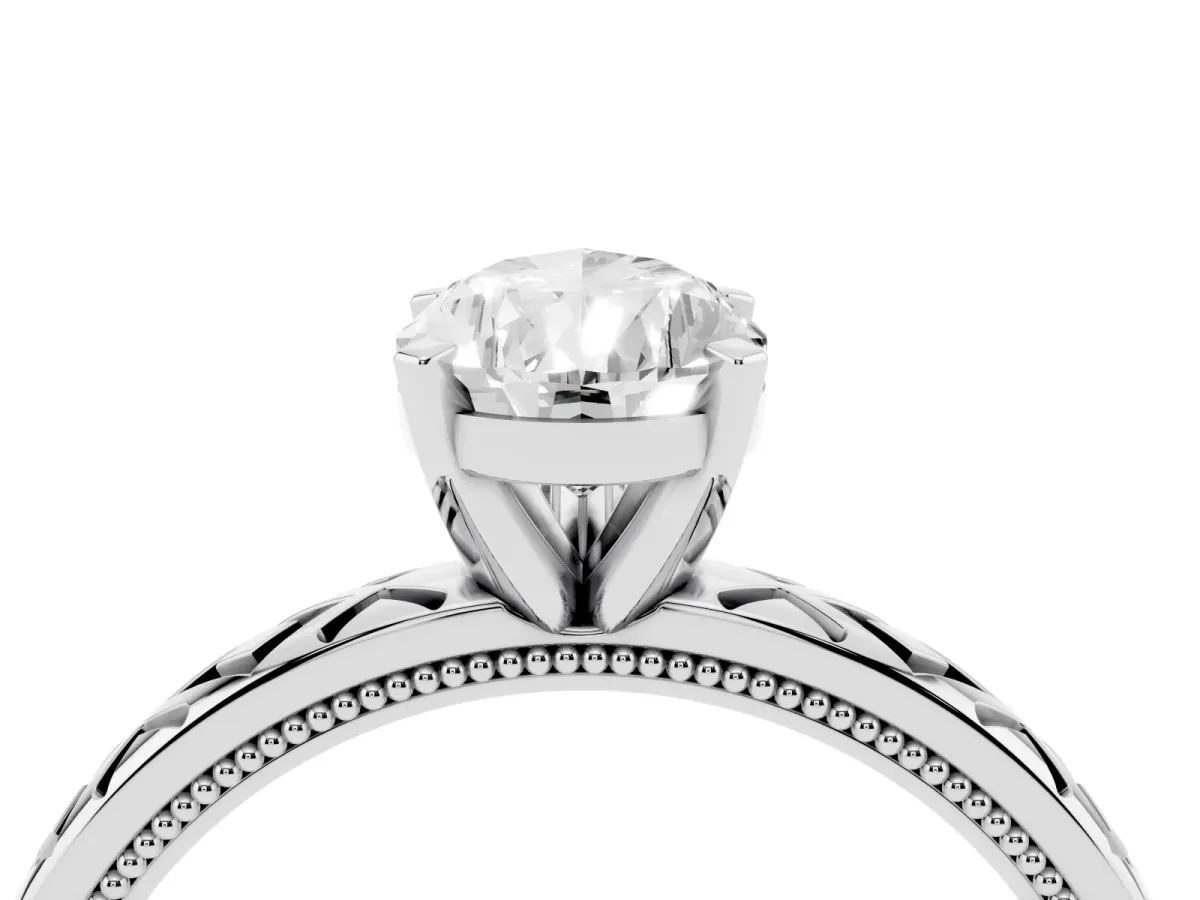 Pear Cut Solitaire Diamond Ring with Milgrain and Black Enamel X Pattern Band Silver