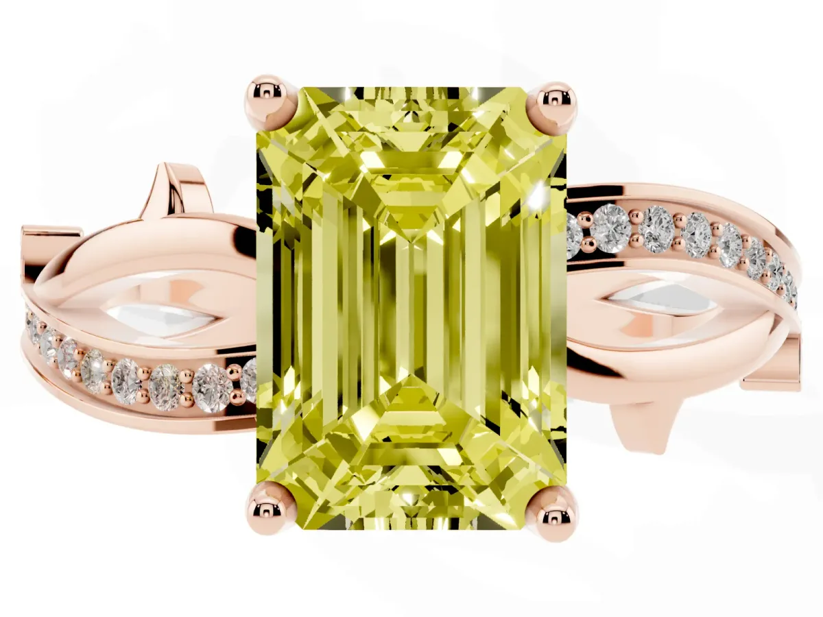 Fancy Yellow Emerald Cut Solitaire Twist Band with Pavé Accents and Four-Prong Setting Rose gold