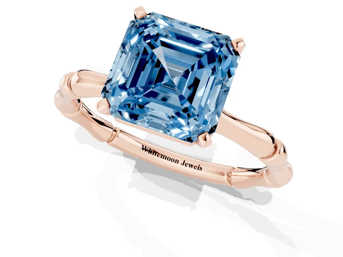 Fancy Blue Asscher Cut Solitaire Diamond Ring with Bamboo Band and Four-Prong Setting Rose gold