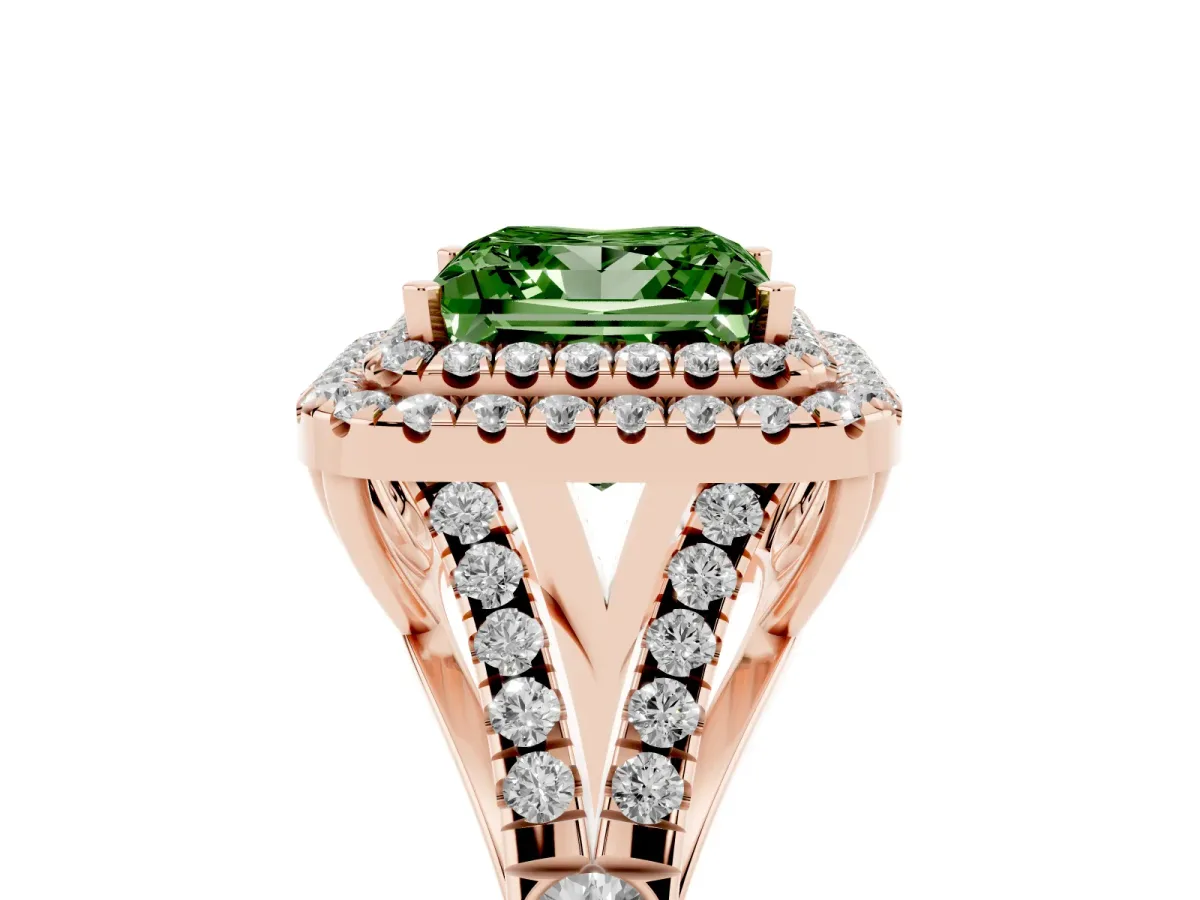 Fancy Green Princess Cut Cut Double Halo Split Shank Diamond Ring with Prong Setting Rose gold