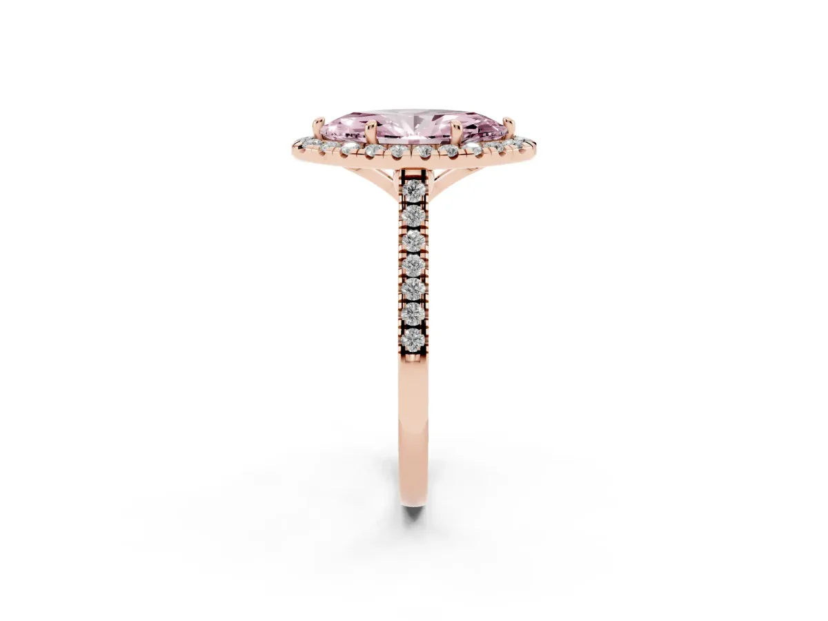 Fancy Pink Marquise Cut Diamond Cushion Halo Ring with Pavé Band Rose gold