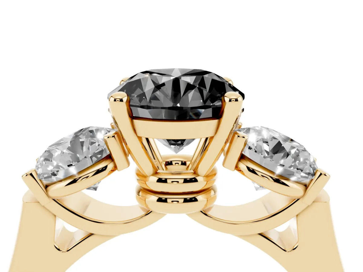 Fancy Black Three-Stone Round Cut Brilliant Diamond Trellis Ring with Comfort Fit Band Yellow gold