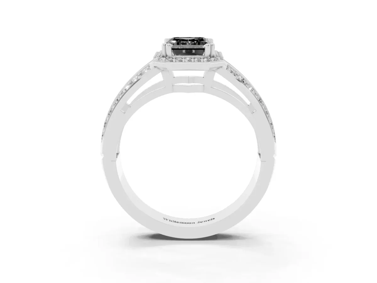 Fancy Black Emerald Cut Diamond Halo Ring with Split Shank Pavé Band and Four-Prong Setting White gold