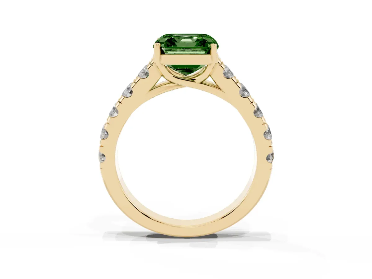 Fancy Green Asscher Cut Cut Diamond Solitaire Ring with Micro Pave Band and Prong Setting Yellow gold