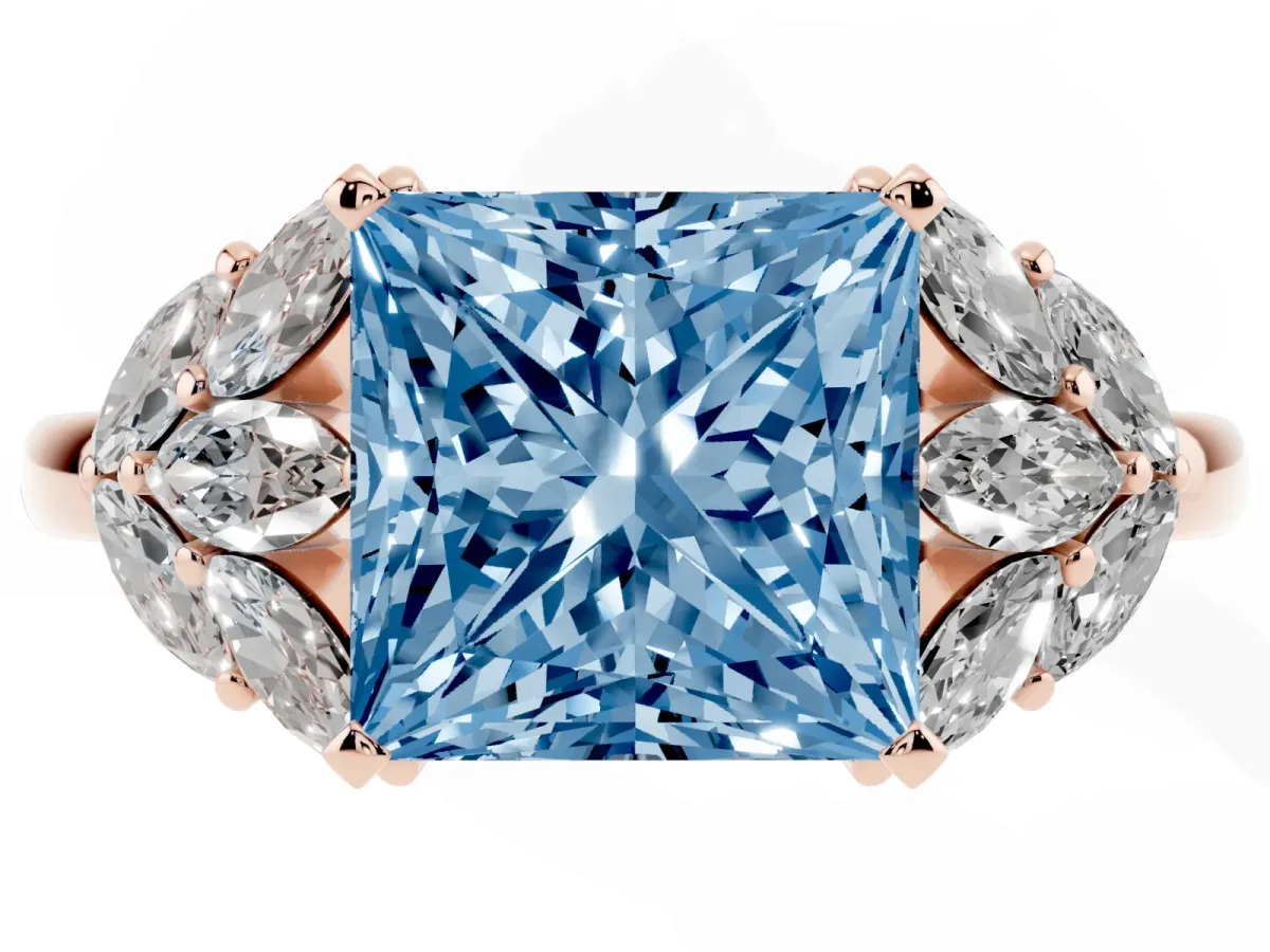 Fancy Blue Princess Cut Diamond Cluster Leaf Design Ring with Prong Setting Rose gold