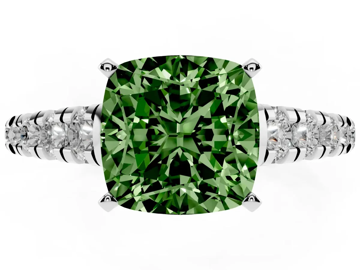 Fancy Green Cushion Cut Diamond Cathedral Solitaire Ring with Round Pavé Band Silver