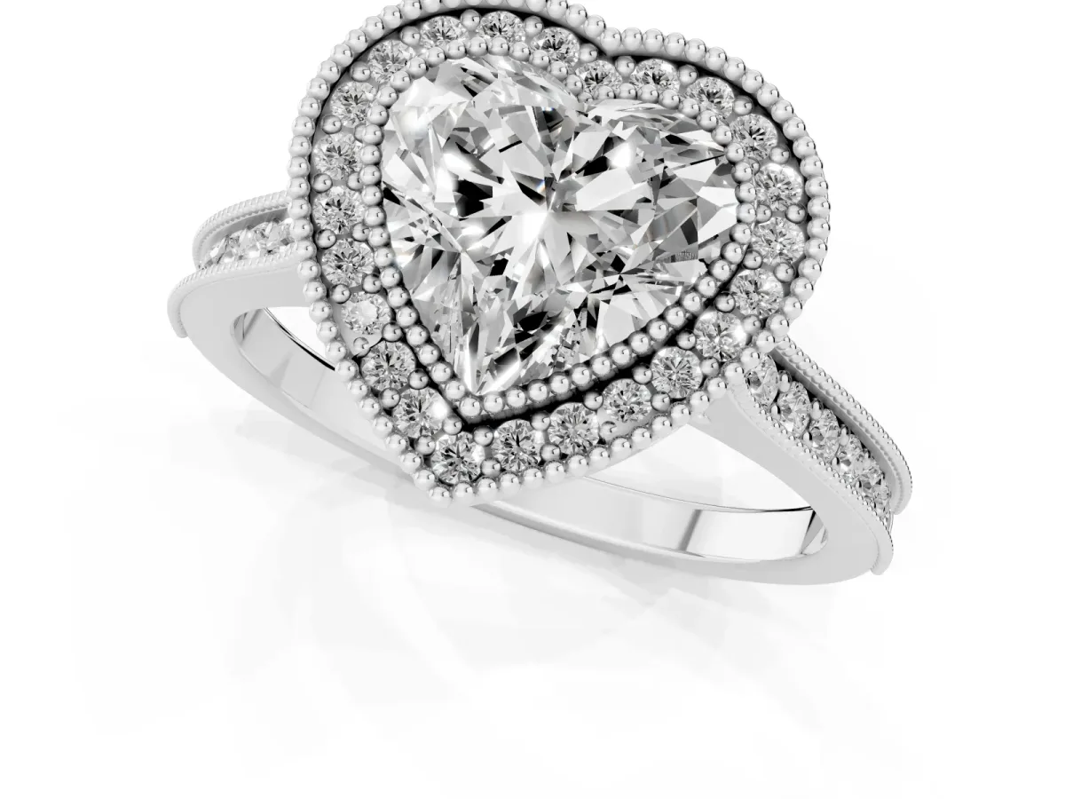 Halo Heart Cut-Cut Diamond Pave Band Milgrain Prong Setting Ring Silver