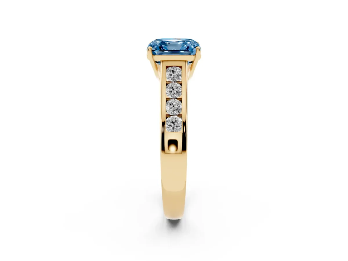 Fancy Blue Asscher Cut Brilliant Channel-Set Solitaire Ring with Four-Prong Setting Yellow gold